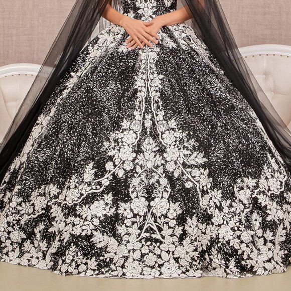 NEW OFF THE SHOULDER SLEEVELESS BALL GOWN WITH MESH CAPE & LACE UP BACK GL3168 - Picture 6 of 11